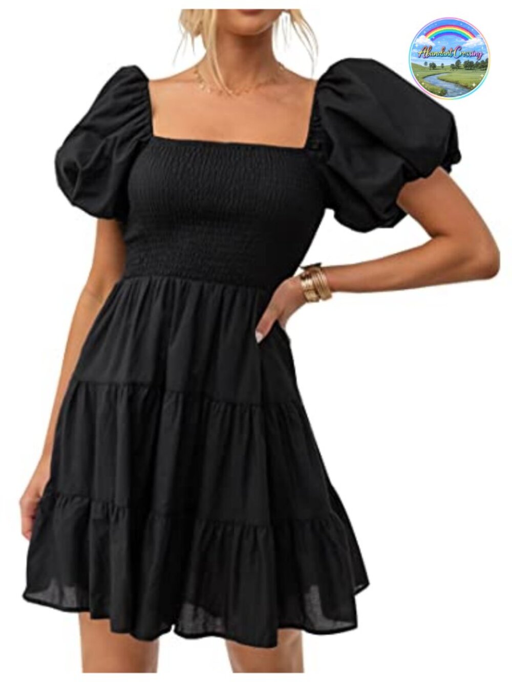 Boho Square Neck Puff Sleeve Smocked Tiered A Line Mini Dress